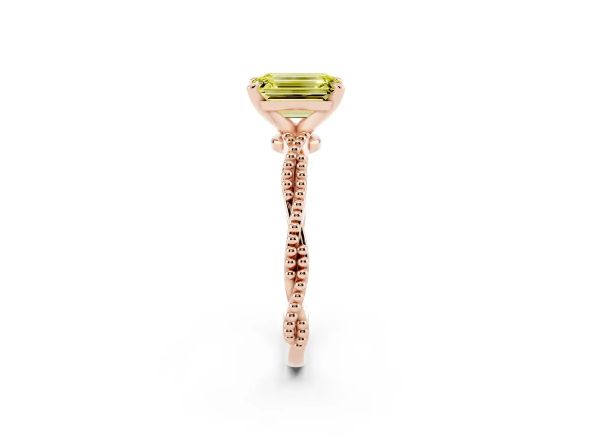 Fancy Yellow Emerald Cut Solitaire Twisted Band with Bead Prong Setting Rose gold