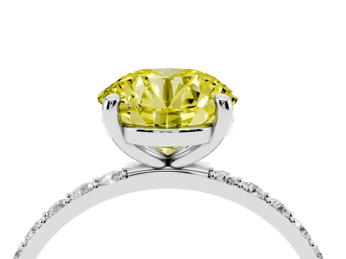 Fancy Yellow Round Cut Diamond Solitaire Ring with Round Pavé Band and Prong Setting Silver