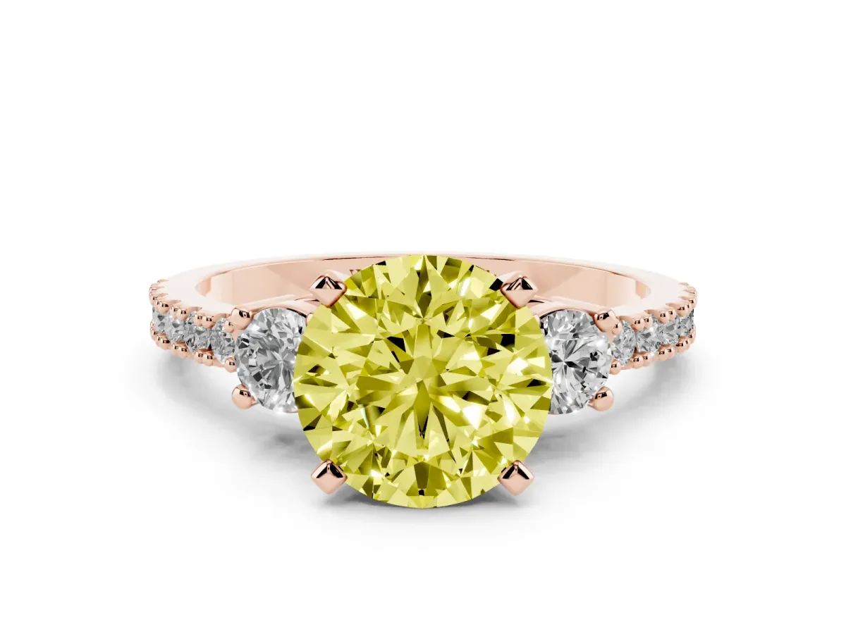 Fancy Yellow Round Cut Three-Stone Diamond Pavé Band with Prong Setting Rose gold