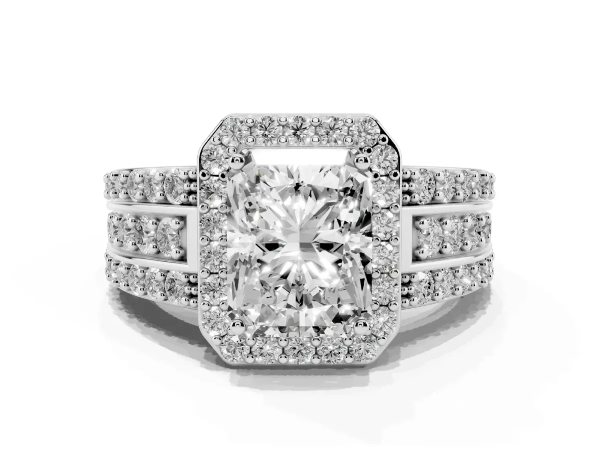 Radiant Cut Halo Diamond Ring with Round Split Shank and Prong Setting Silver