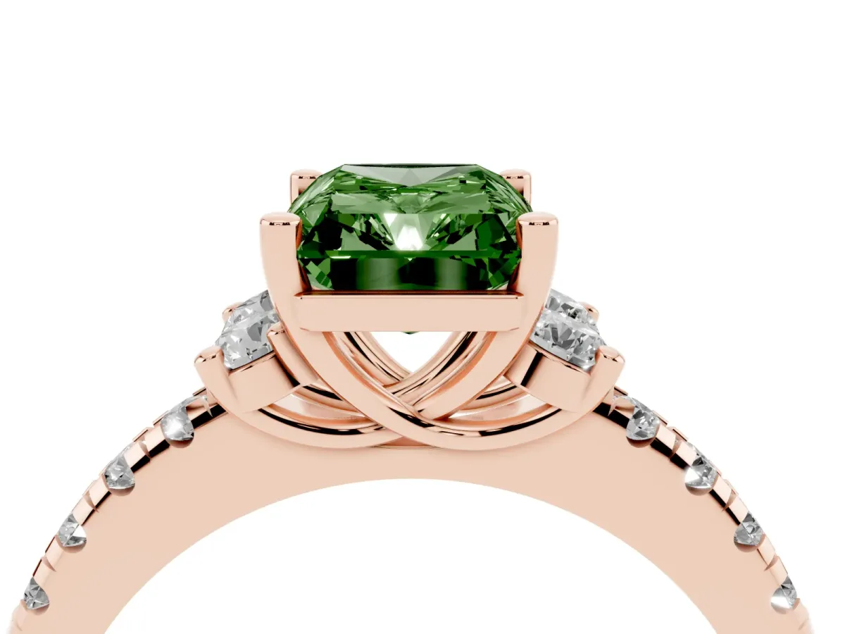 Fancy Green Radiant Cut Diamond Three-Stone Pave Band with Four-Prong Setting Rose gold