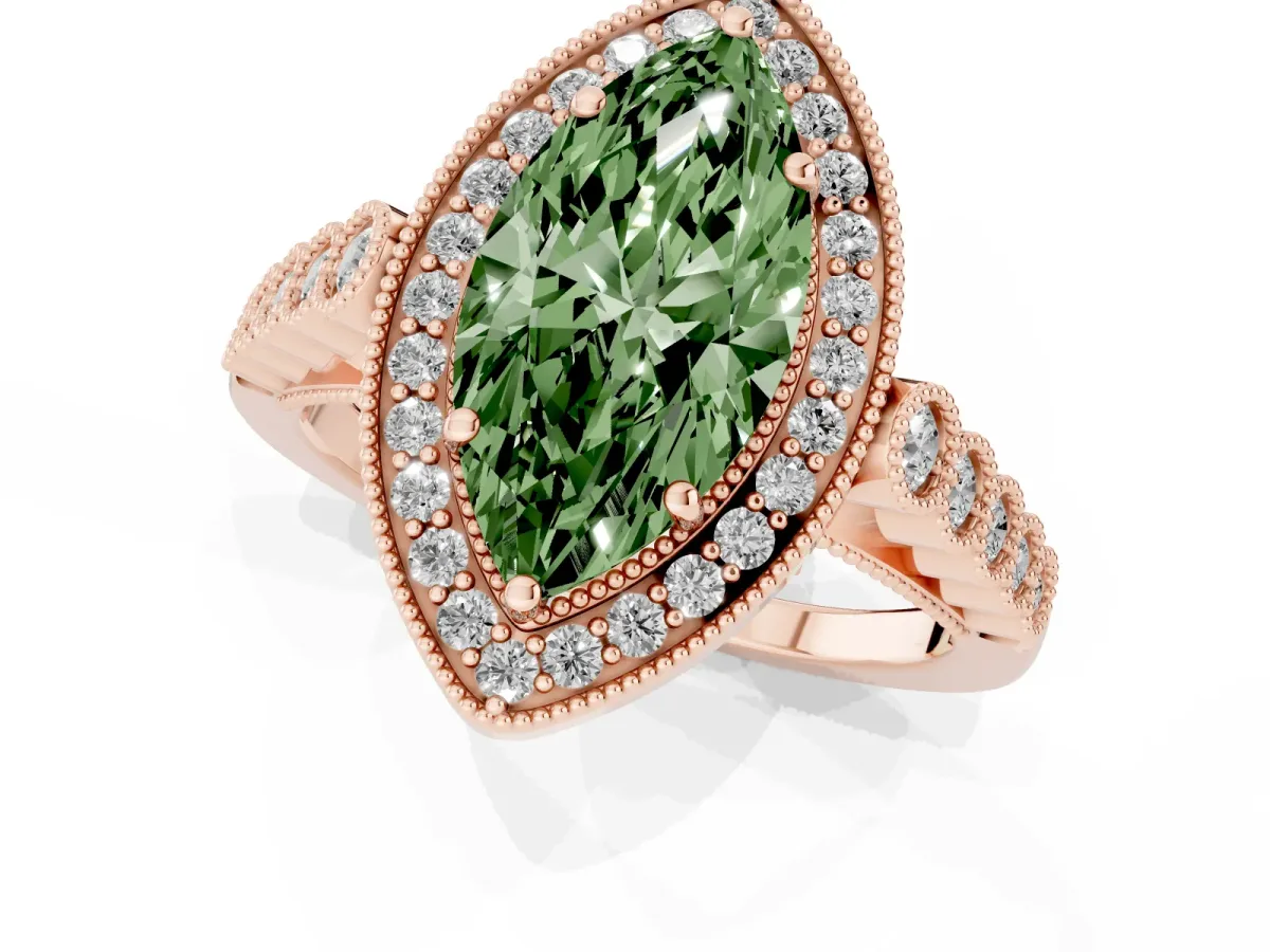 Fancy Green Marquise Cut Halo Milgrain Solitaire with Bezel Set Side Stones and Pave Band Rose gold