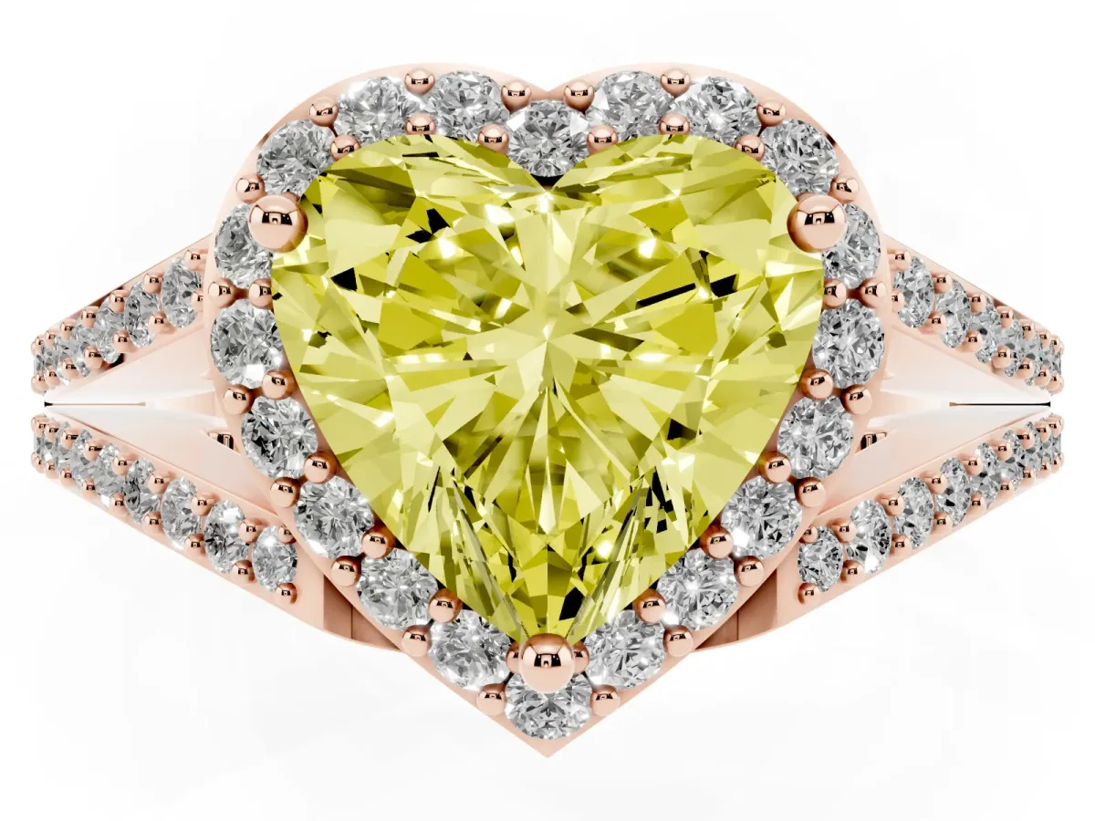 Fancy Yellow Heart Cut Halo Split Shank Pave Diamond Ring with Four-Prong Setting Rose gold