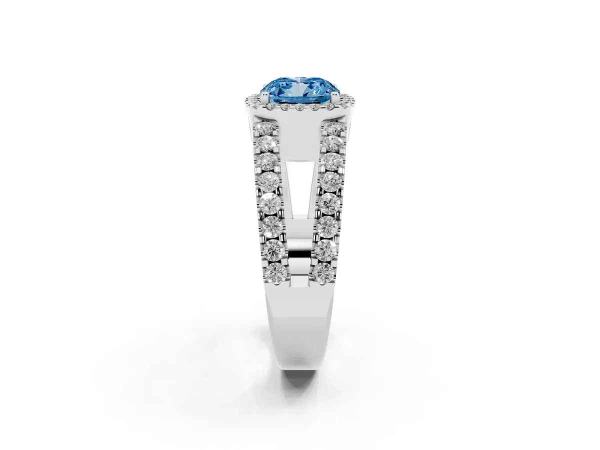 Fancy Blue Cushion Cut Cut Halo Split Shank Diamond Ring with Four-Prong Setting Platinum