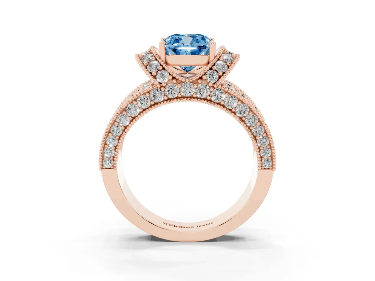Fancy Blue Cushion Cut Halo Pave Diamond Engagement Ring with Milgrain Detailing Rose gold