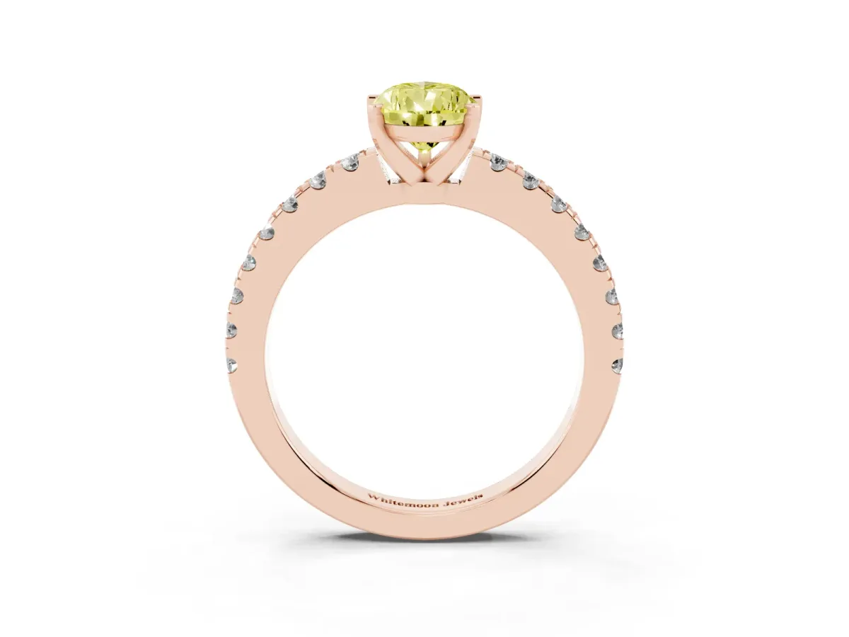 Fancy Yellow Pear Cut Solitaire Diamond with Pavé Band and Four-Prong Setting Rose gold