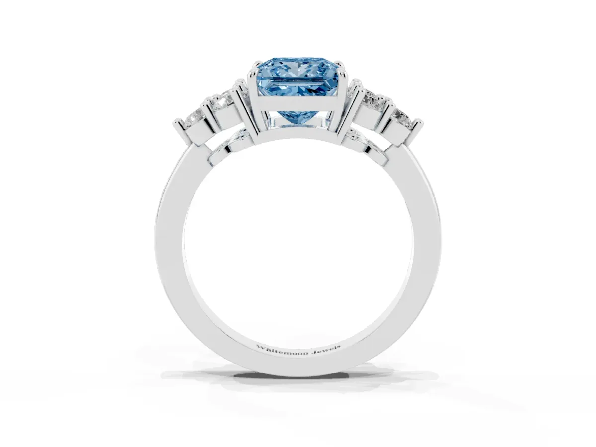 Fancy Blue Princess Cut Brilliant Diamond Cluster Accent Solitaire Ring with Prong Setting Platinum