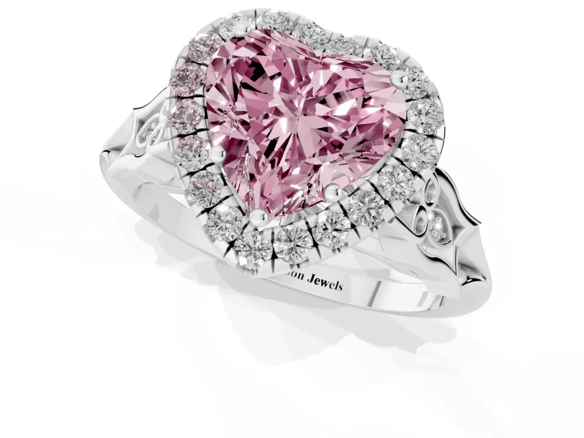 Fancy Pink Heart Cut Halo Diamond Engagement Ring with Filigree Band and Four-Prong Setting Platinum