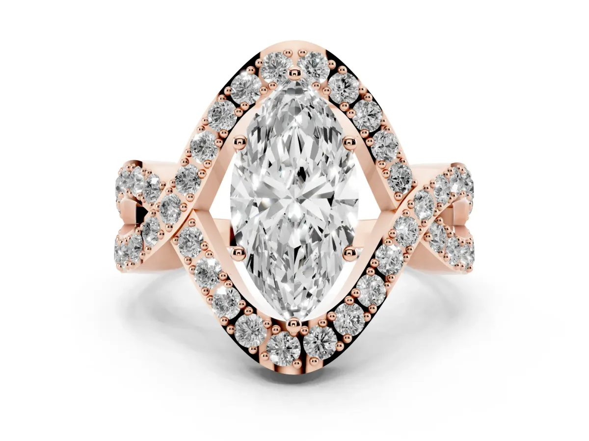 Marquise Cut Solitaire Twist Band Pavé Diamond Engagement Ring Rose gold