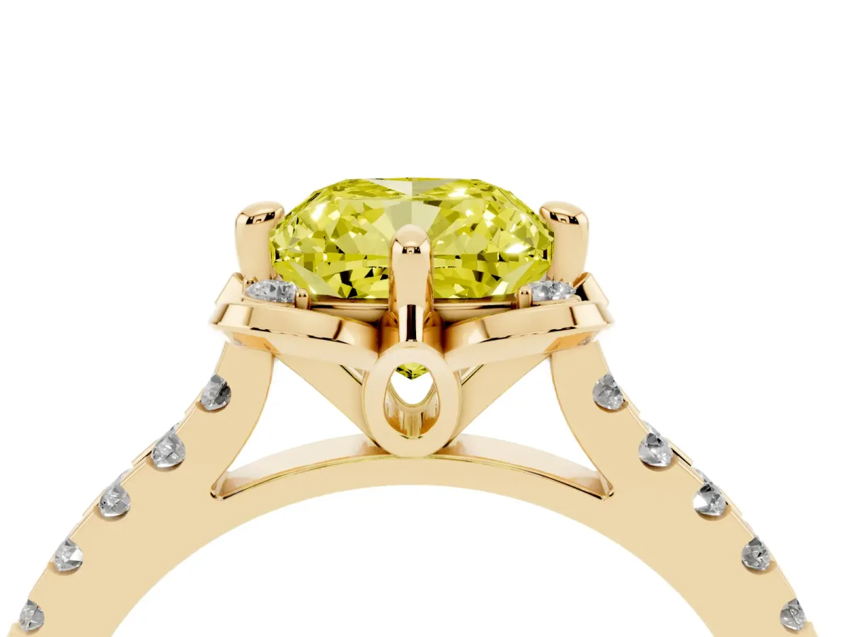 Fancy Yellow Cushion Cut Diamond Ring with Pavé Band and Floral Prong Setting Yellow gold
