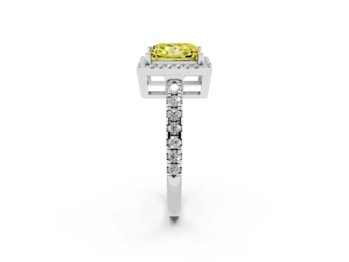 Fancy Yellow Princess Cut Diamond Halo Ring with Pavé Band and Four-Prong Setting Platinum