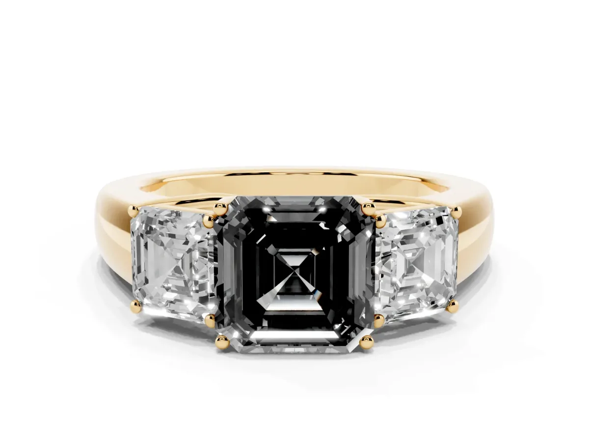 Fancy Black Three-Stone Asscher Cut Cut Diamond Ring with Prong Setting and Classic Band Yellow gold