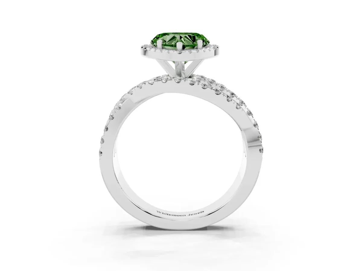 Fancy Green Heart Cut Diamond Halo Ring with Round Split Shank and Prong Setting Silver