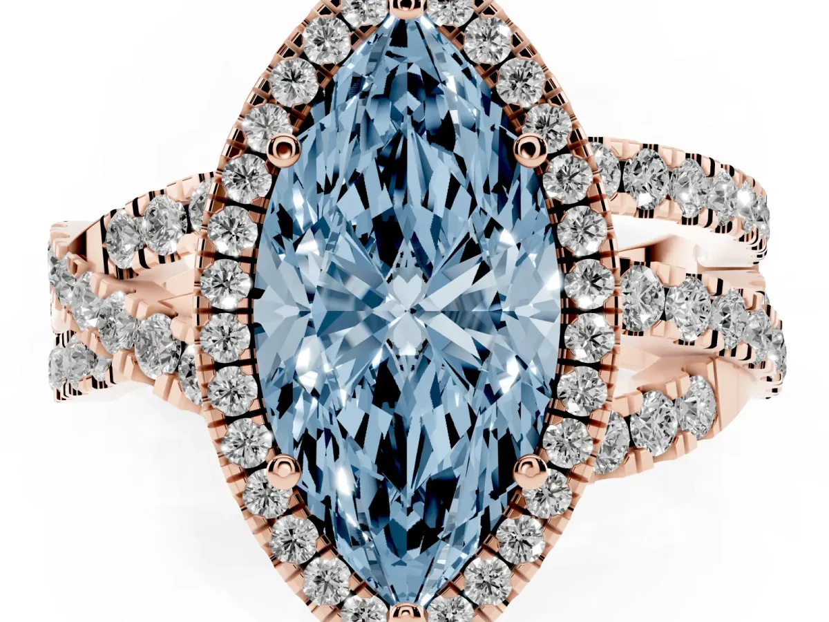 Fancy Blue Marquise Cut Diamond Halo Ring with Round Split Shank and Prong Setting Rose gold
