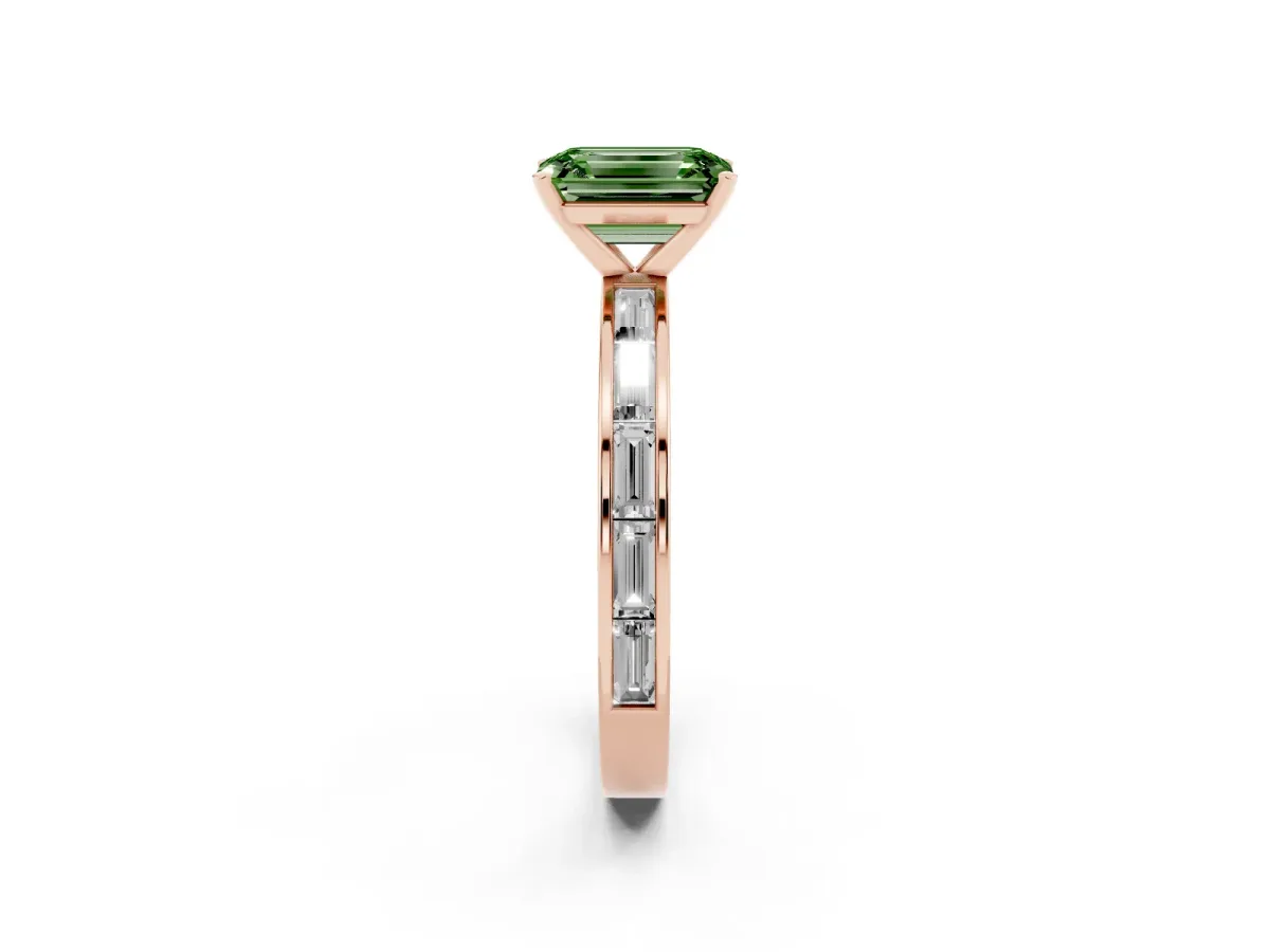 Fancy Green Emerald Cut Solitaire Diamond Ring with Channel-Set Baguette Band and Four-Prong Setting Rose gold
