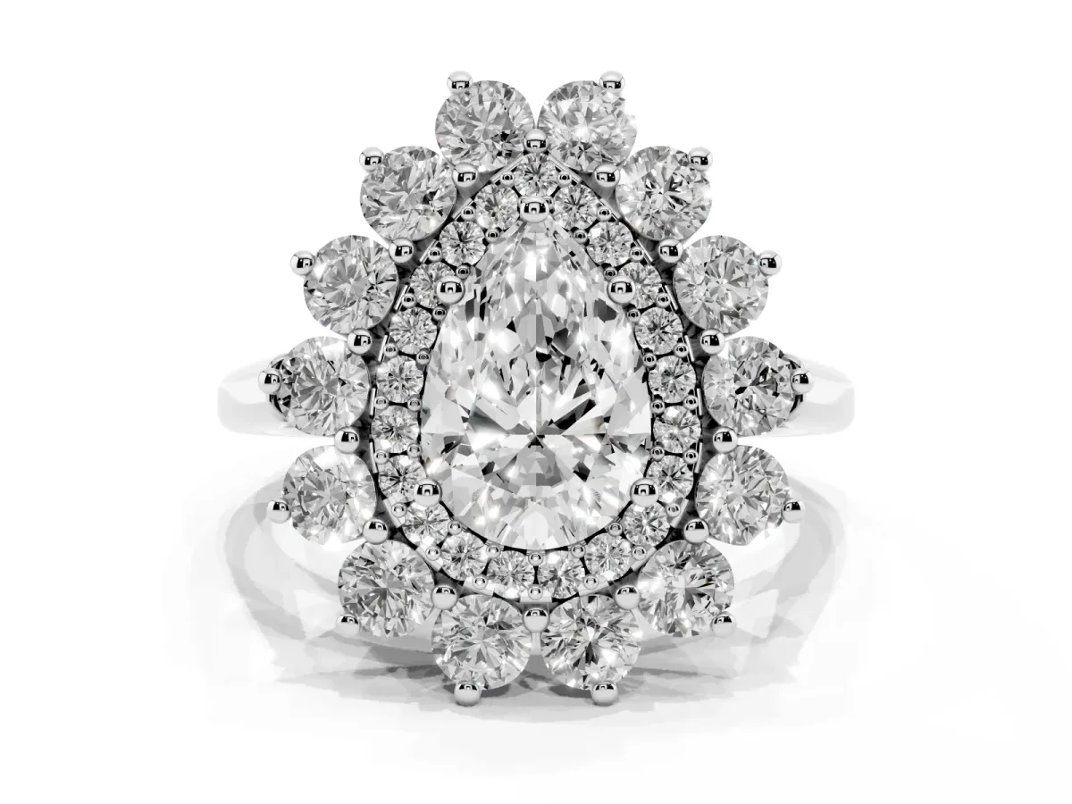Pear Cut Diamond Floral Double Halo Engagement Ring with Prong Setting Silver