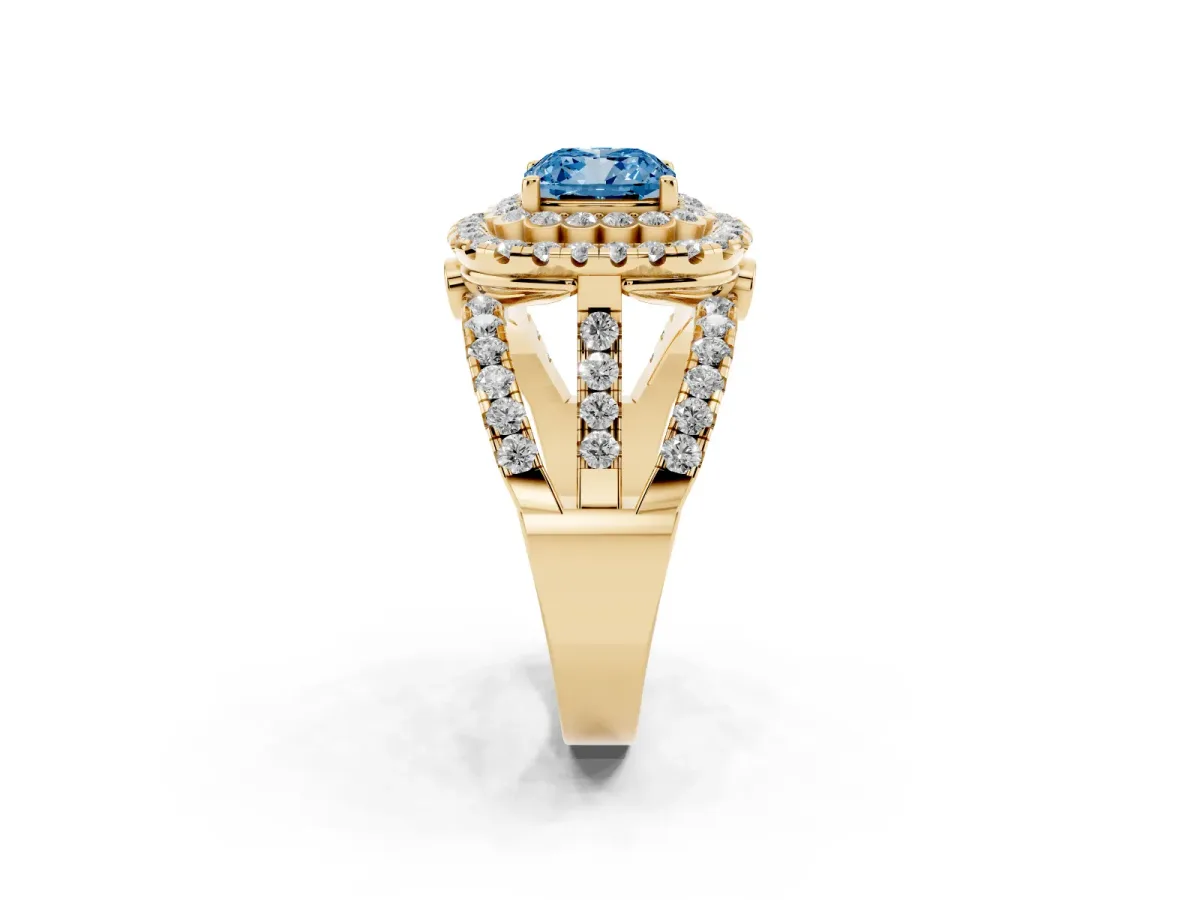 Fancy Blue Cushion Cut Diamond Double Halo Ring with Round Pavé Split Shank and Prong Setting Yellow gold