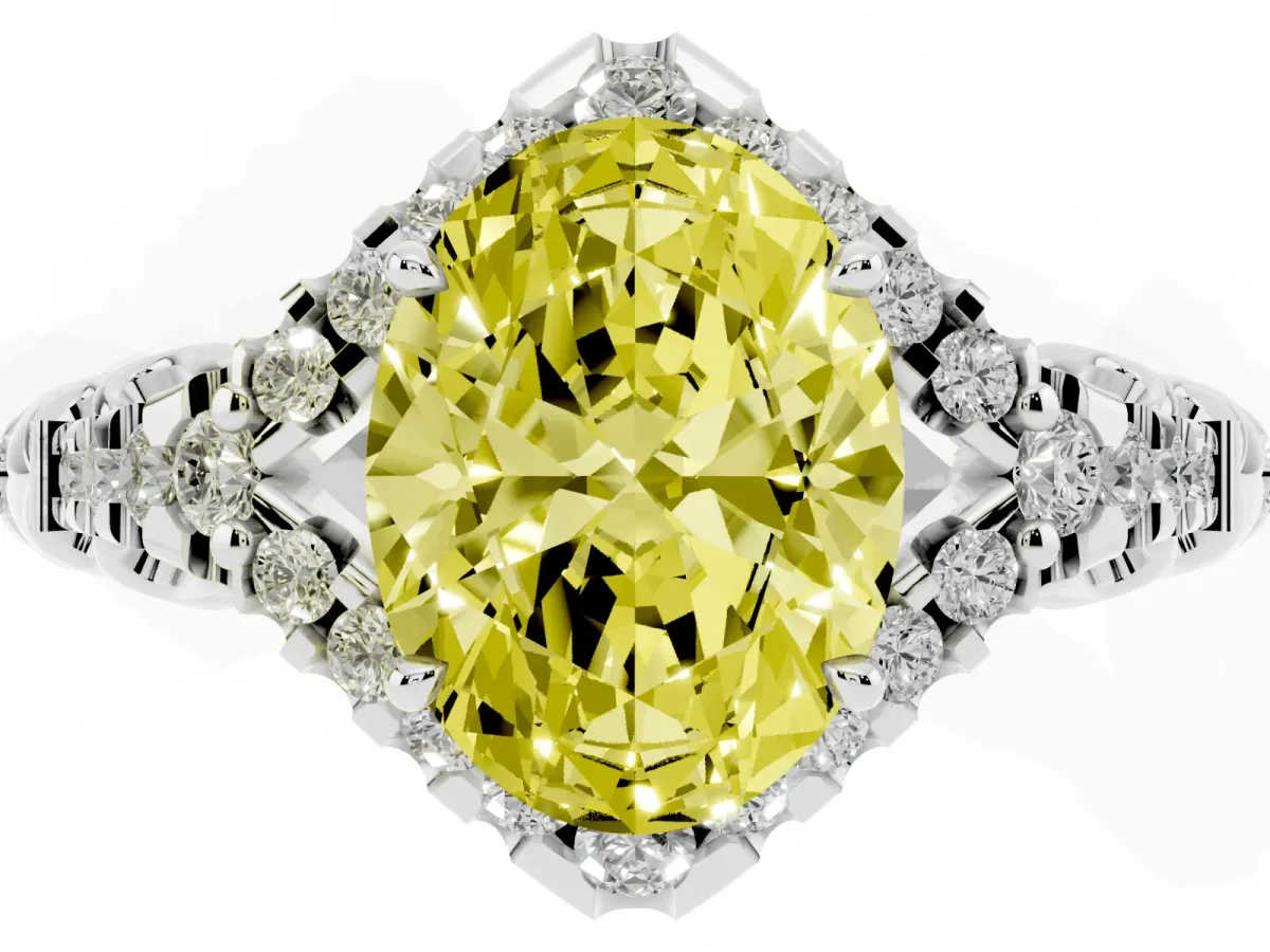 Fancy Yellow Oval Cut Diamond Solitaire Ring with Hidden Halo and Pavé Band Silver