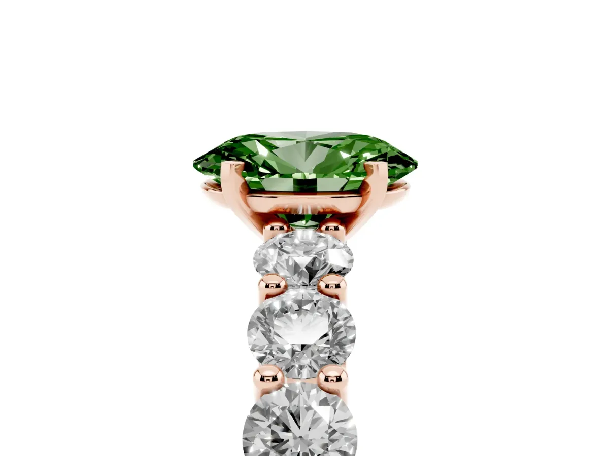 Fancy Green Oval Cut Diamond Prong Setting with Side Stones on a Pave Band Rose gold