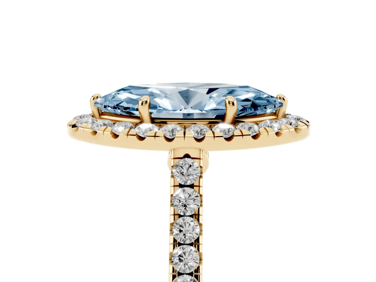 Fancy Blue Marquise Cut Halo Pave Diamond Engagement Ring with Four-Prong Setting Yellow gold