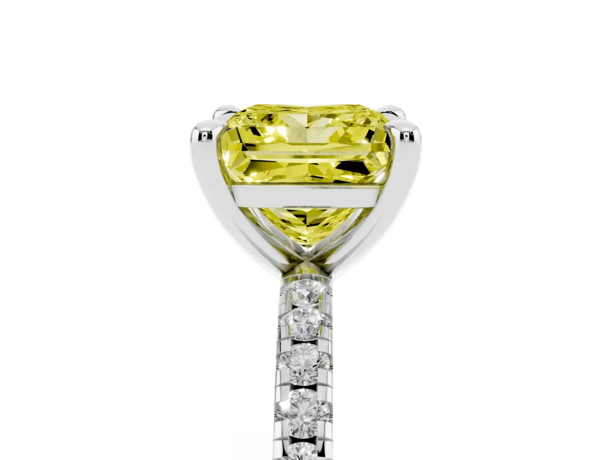 Fancy Yellow Princess Cut Diamond Brilliant Solitaire Ring with Pavé Band and Four-Prong Setting Platinum
