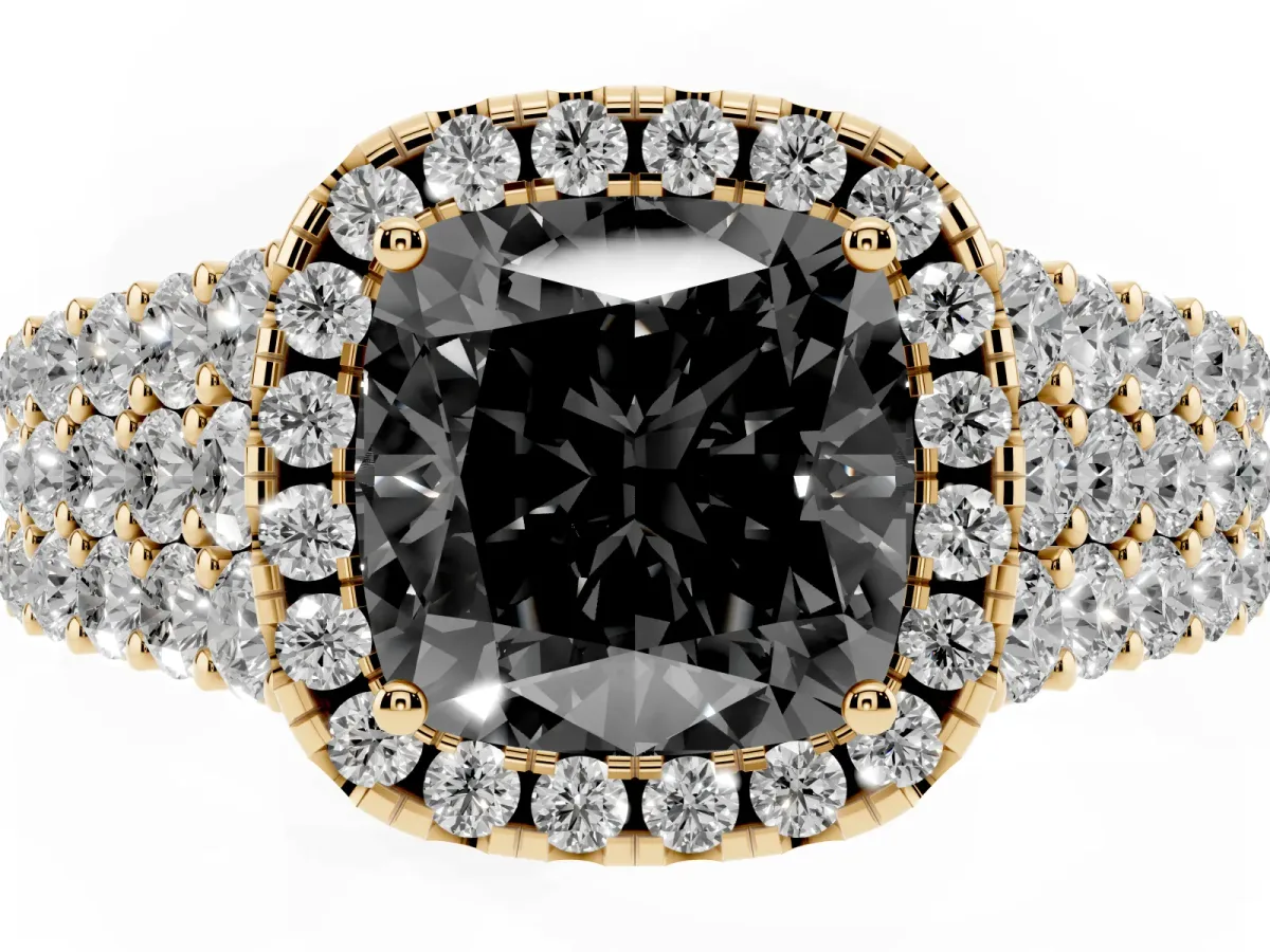 Fancy Black Cushion Cut Diamond Halo Engagement Ring with Triple Row Round Pavé Band and Prong Setting Yellow gold
