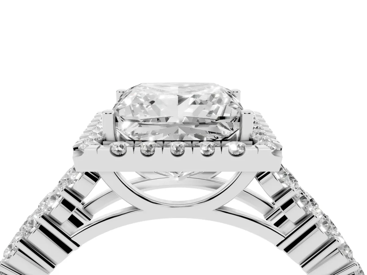 Princess Cut Diamond Halo Engagement Ring with Triple Row Round Pavé Band and Prong Setting White gold