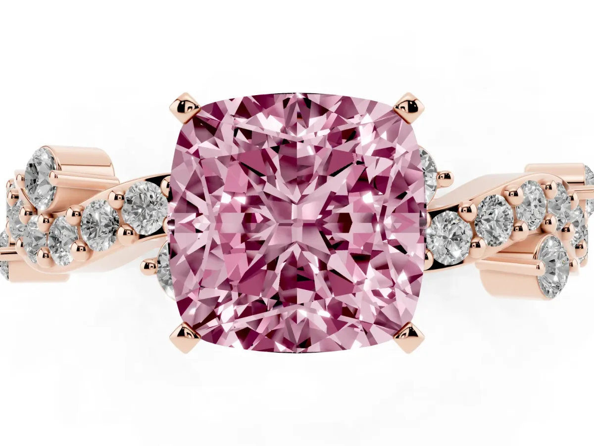 Fancy Pink Cushion Cut Cut Solitaire Diamond Twisted Band with Pave Setting Rose gold
