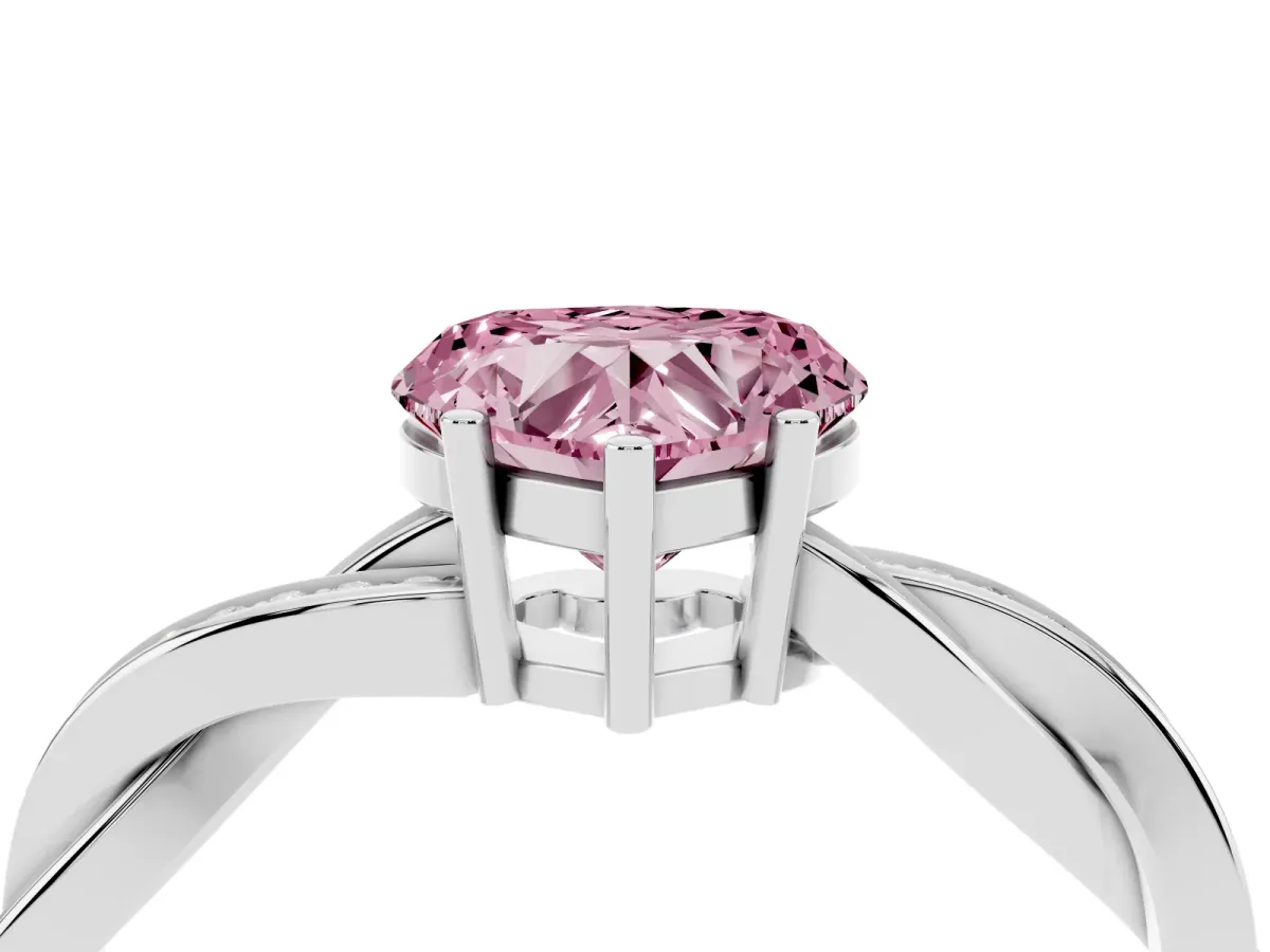 Fancy Pink Heart Cut Solitaire Twisted Pave Diamond Ring with Four-Prong Setting Silver