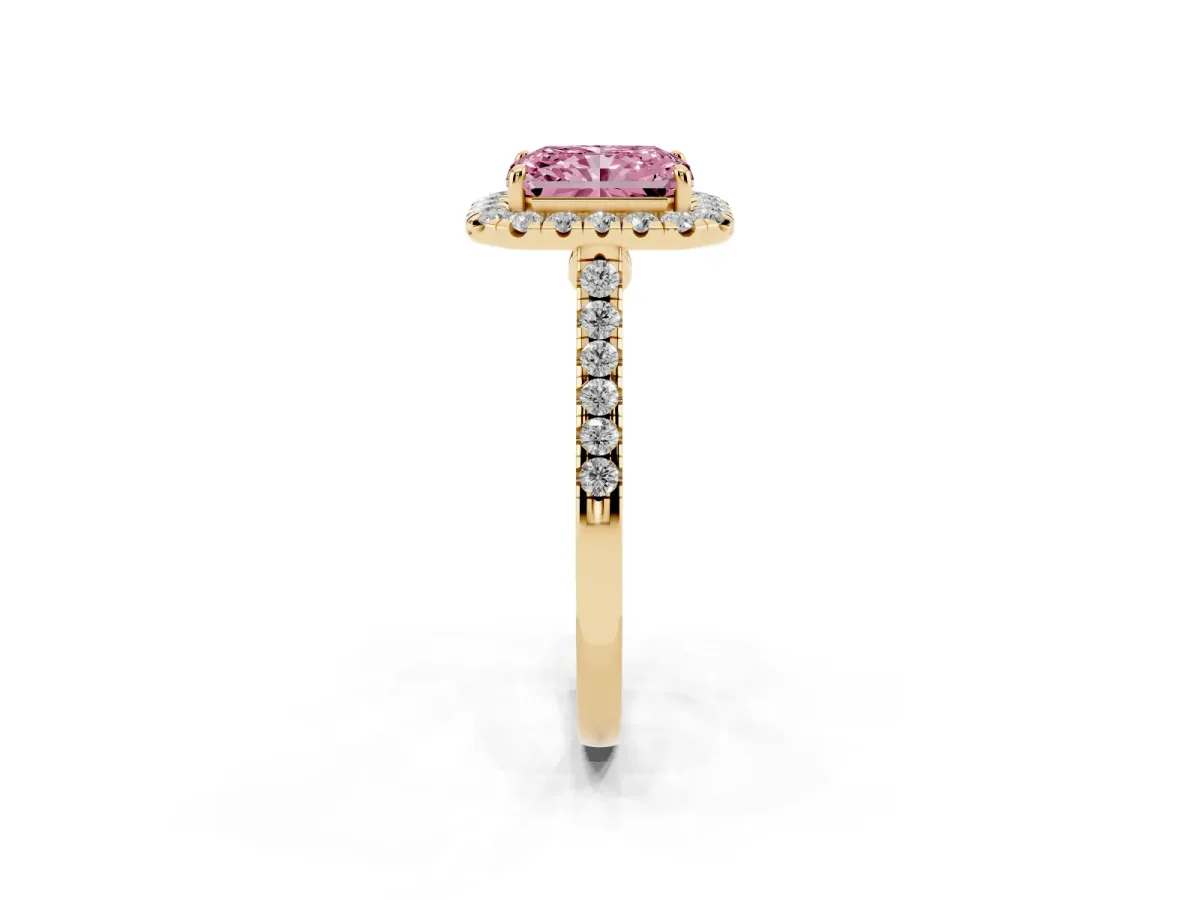 Fancy Pink Radiant Cut Halo Pave Diamond Engagement Ring with Four-Prong Setting Yellow gold