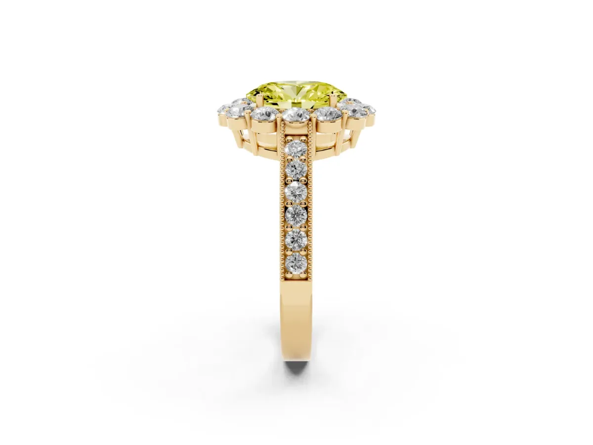 Fancy Yellow Oval Cut Cut Halo Diamond Pavé Engagement Ring with Milgrain Detailing Yellow gold
