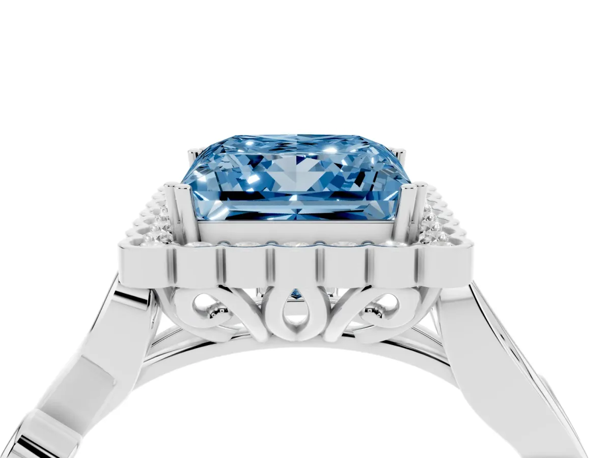 Fancy Blue Princess Cut Diamond Halo Ring with Vintage Split Shank and Four-Prong Setting Silver