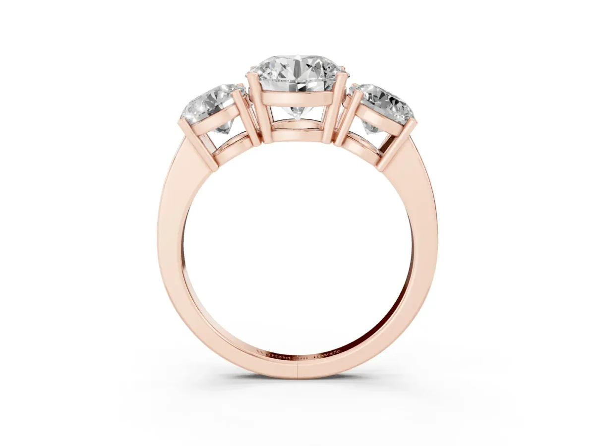 Three-Stone Round Cut Cut Diamond Engagement Ring with Flat Band and Four-Prong Setting Rose gold