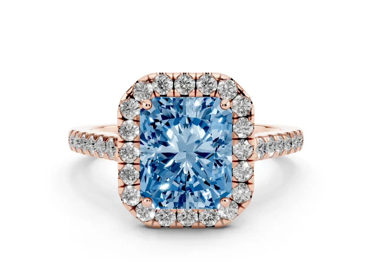 Fancy Blue Radiant Cut Halo Pave Diamond Engagement Ring with Four-Prong Setting Rose gold
