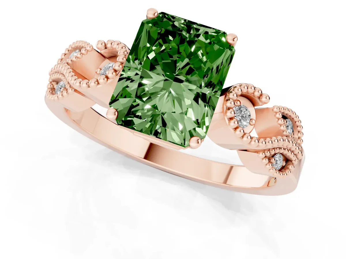 Fancy Green Radiant Cut Solitaire Milgrain Leaf Band with Prong Setting Rose gold