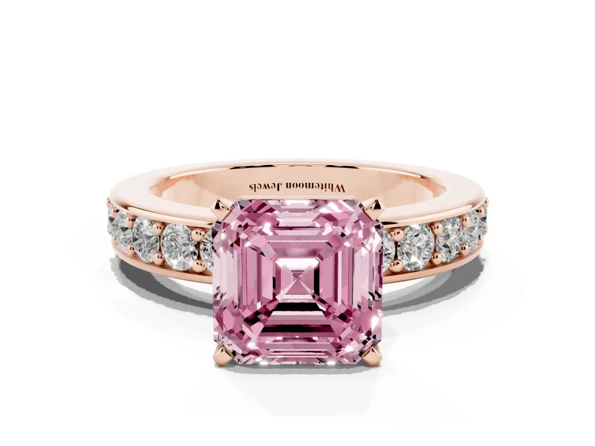 Fancy Pink Asscher Cut Diamond Engagement Ring with Channel Set Round Band and Prong Setting Rose gold