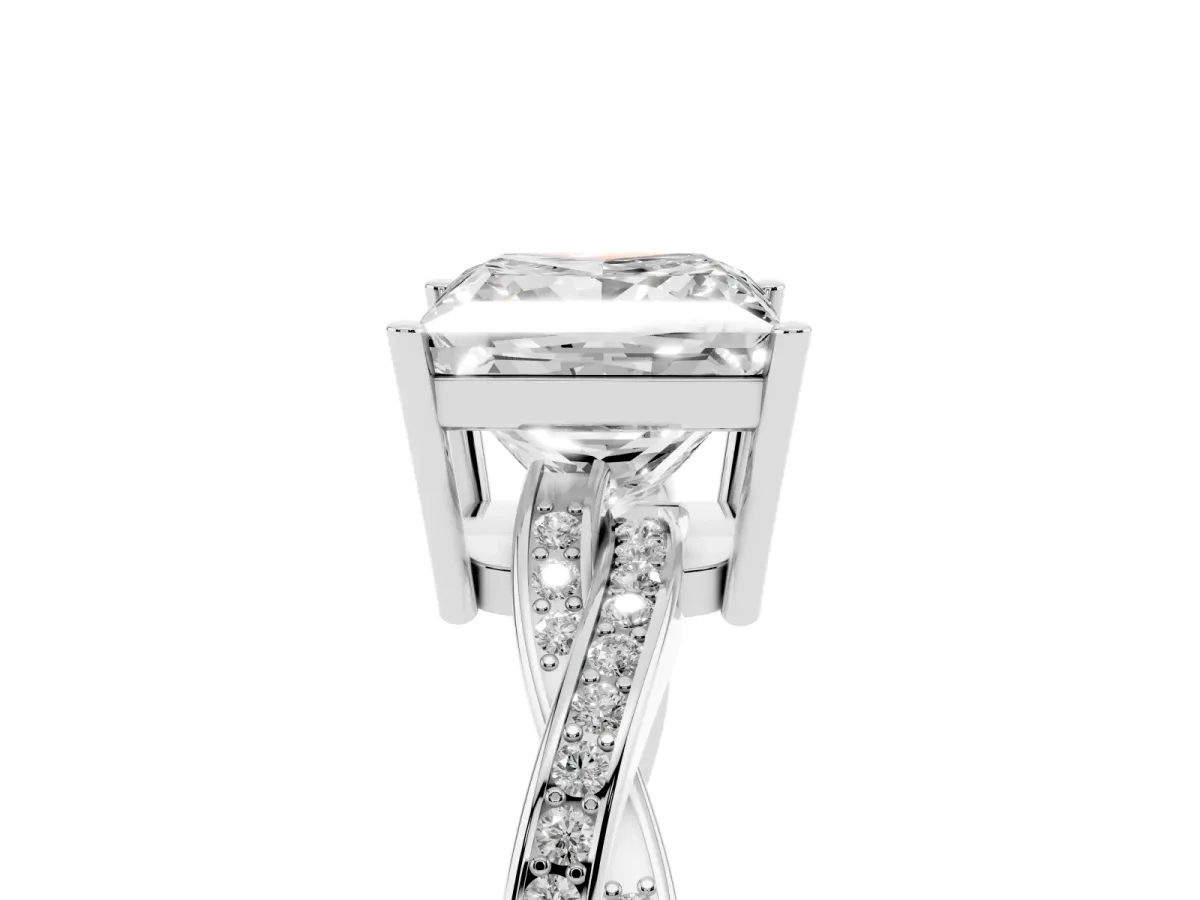 Princess Cut Solitaire Twisted Pave Diamond Ring with Four-Prong Setting Platinum