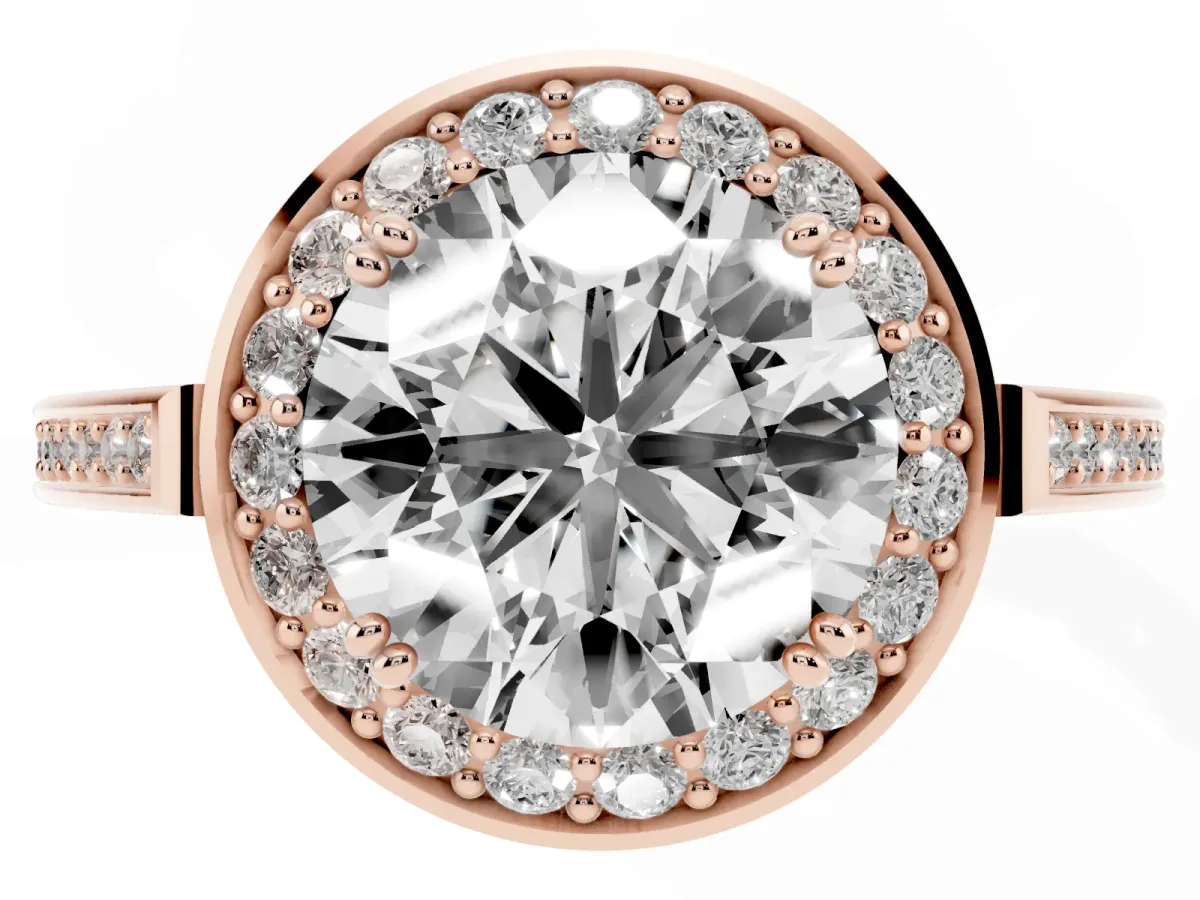 Round Cut Diamond Halo Ring with Split Shank and Four-Prong Setting Rose gold