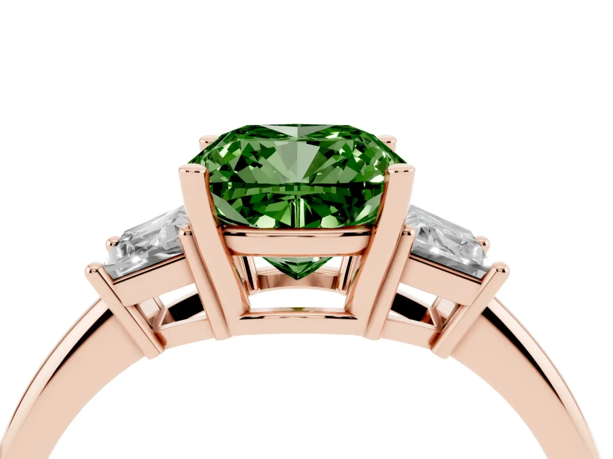 Fancy Green Cushion Cut Diamond Three-Stone Ring with Trapezoid Side Stones and Prong Setting Rose gold
