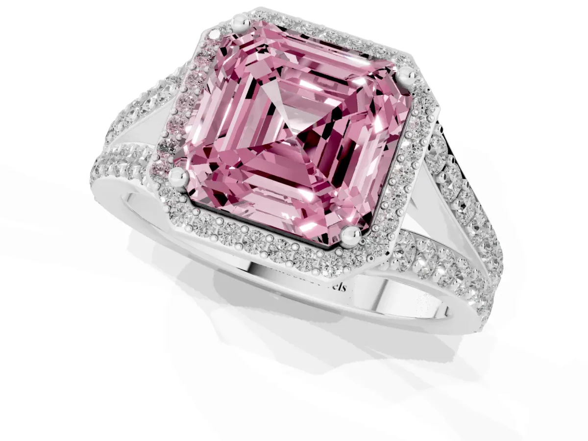 Fancy Pink Asscher Cut Diamond Split Shank Halo Ring with Four-Prong Setting Silver