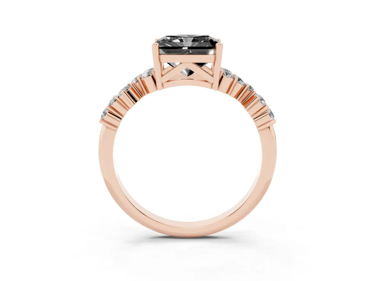 Fancy Black Radiant Cut Diamond Scattered Round Accent Ring with Prong Setting Rose gold