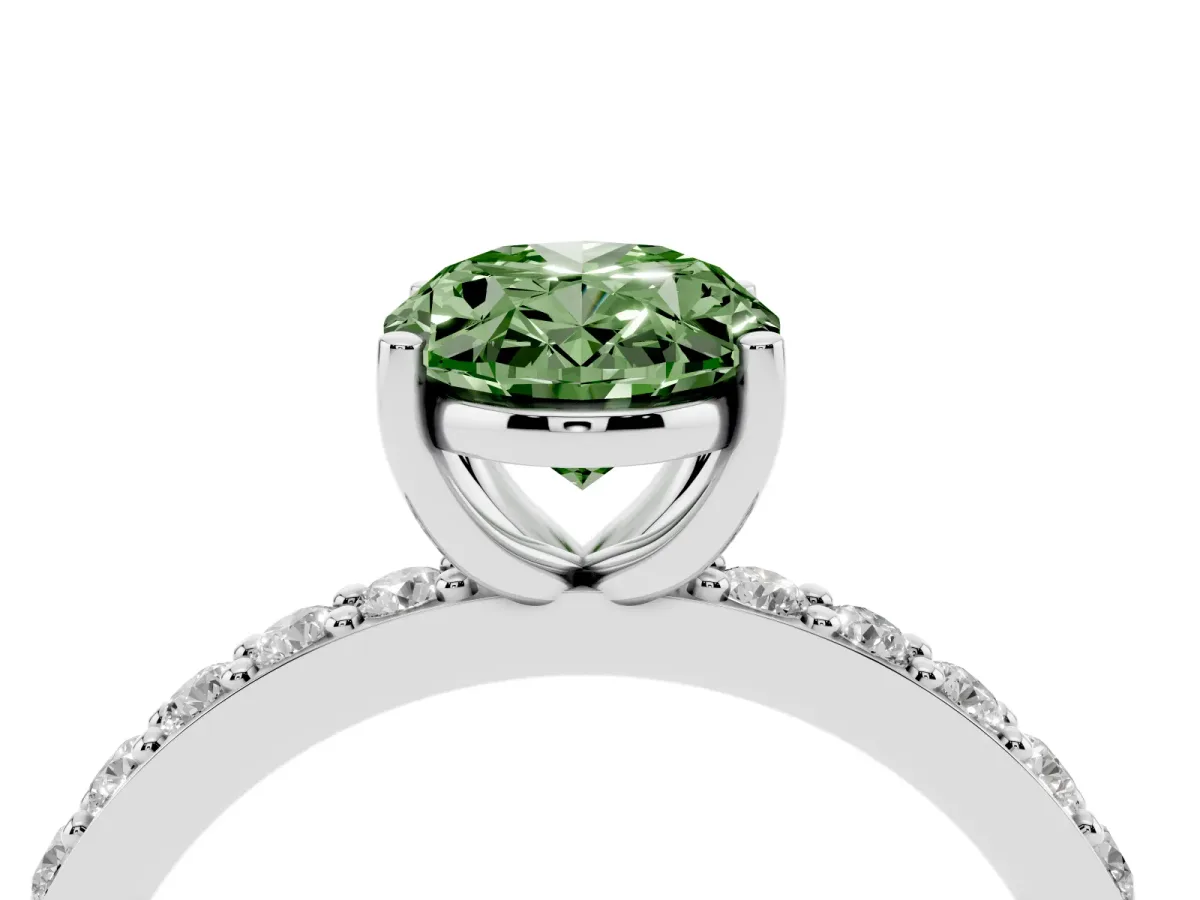 Fancy Green Oval Cut Cut Diamond Solitaire with Pave Band and Four-Prong Setting Silver