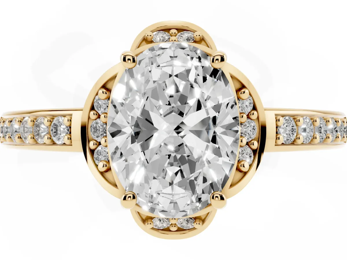 Oval Cut Cut Halo Diamond Ring with Channel Set Band and Four-Prong Setting Yellow gold