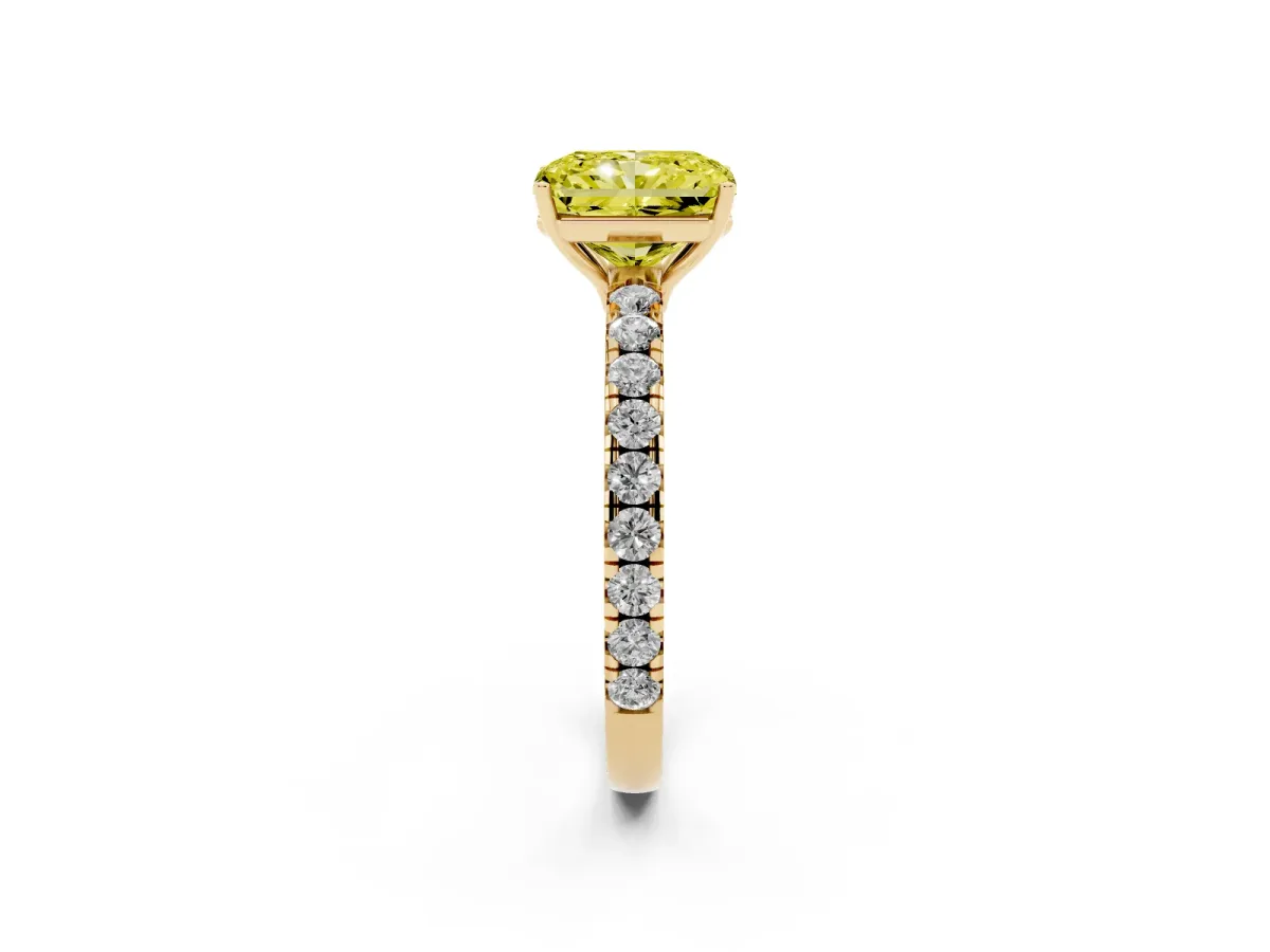 Fancy Yellow Radiant Cut Diamond Pavé Solitaire Engagement Ring with Four-Prong Setting Yellow gold