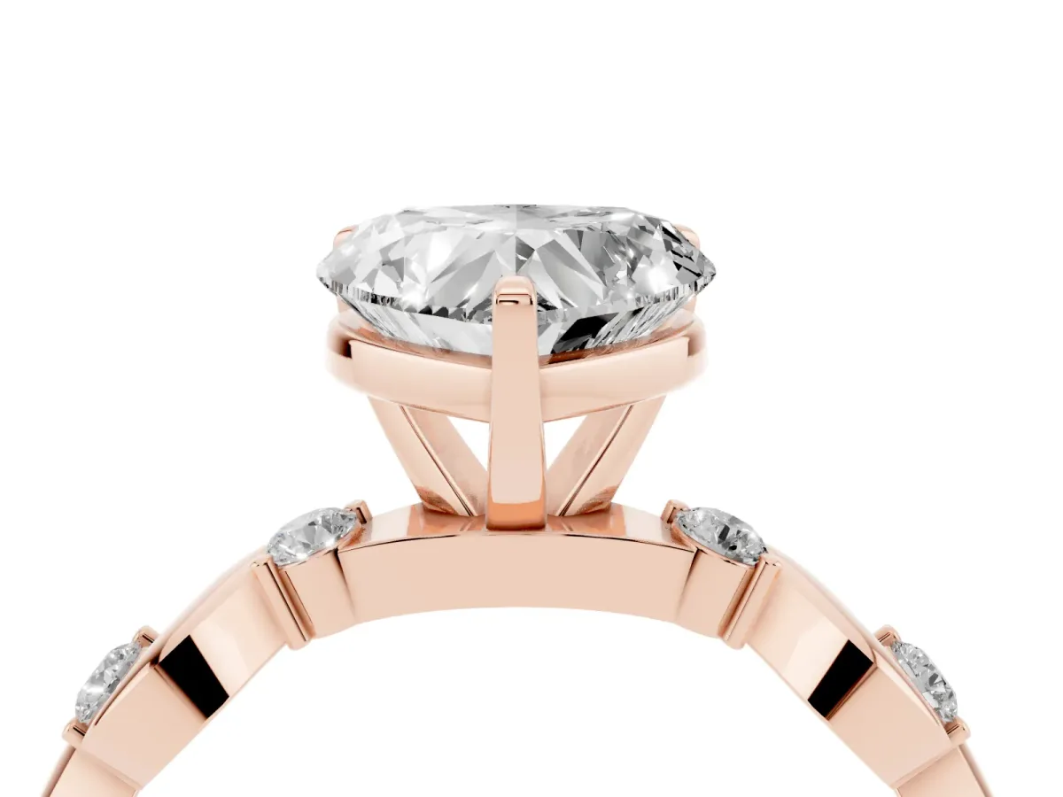 Heart Cut Diamond Solitaire Twisted Band with Round Accents and Prong Setting Rose gold