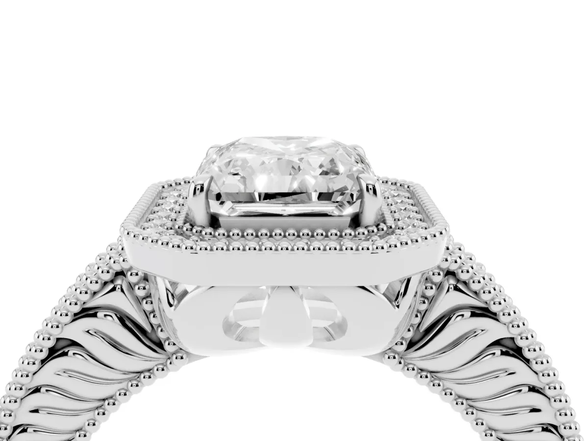 Radiant Cut Cut Halo Diamond Ring with Pavé Band and Four-Prong Setting Silver