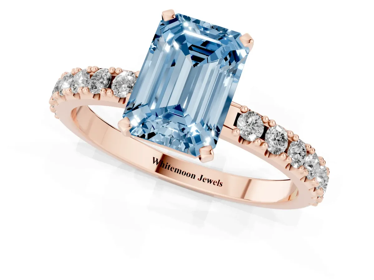 Fancy Blue Emerald Cut Diamond Solitaire Pavé Band with Four-Prong Setting Rose gold