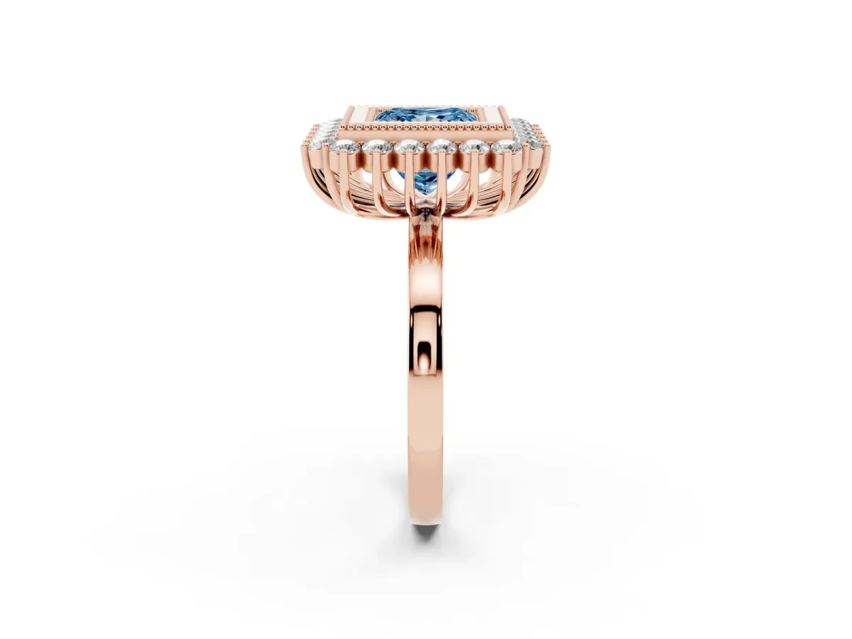 Fancy Blue Princess Cut Halo Diamond Ring with Milgrain Edge and Round Prong Setting Rose gold