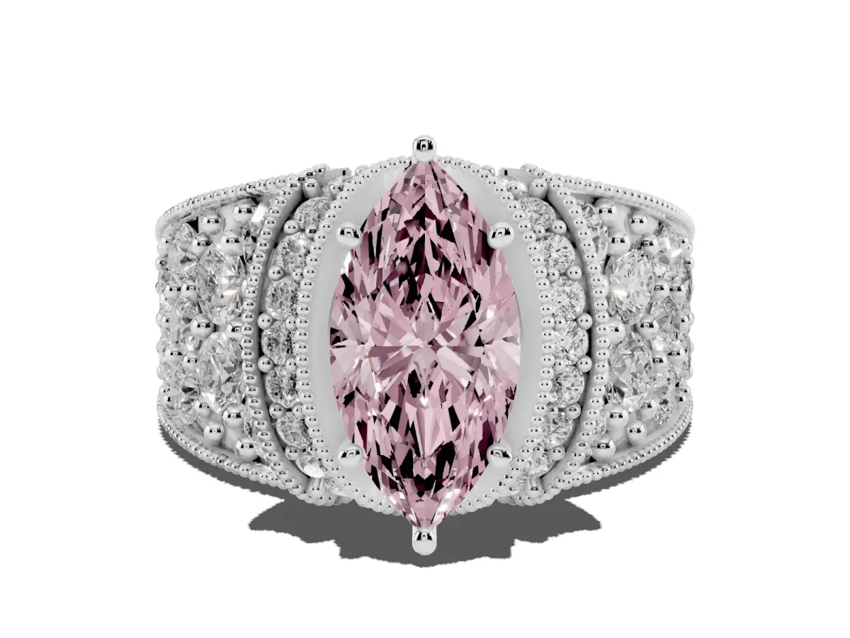 Fancy Pink Marquise Cut Halo Pave Diamond Engagement Ring with Milgrain Detailing Silver