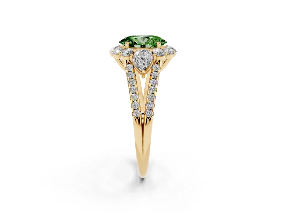 Fancy Green Oval Cut Halo Split Shank Diamond Engagement Ring with Prong Setting Yellow gold